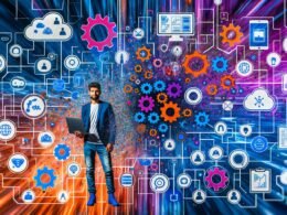 Moderne Collage eines Datenanalysten mit Laptop, umgeben von automatisiertem Datenfluss, Datenquellen-Icons, Machine Learning Symbolen und klaren Dashboard-Visualisierungen vor digitalem, futuristischem Hintergrund.