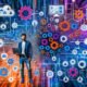 Moderne Collage eines Datenanalysten mit Laptop, umgeben von automatisiertem Datenfluss, Datenquellen-Icons, Machine Learning Symbolen und klaren Dashboard-Visualisierungen vor digitalem, futuristischem Hintergrund.