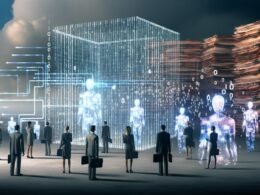 Futuristische Szene mit transparentem Gesetzestext aus digitalen Daten, durchzogen von leuchtenden Algorithmen und KI-Silhouetten, flankiert von Menschen in Anzügen; im Hintergrund verblassende Papierstapel und helle Datenwolken.