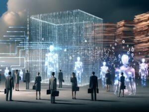 Futuristische Szene mit transparentem Gesetzestext aus digitalen Daten, durchzogen von leuchtenden Algorithmen und KI-Silhouetten, flankiert von Menschen in Anzügen; im Hintergrund verblassende Papierstapel und helle Datenwolken.