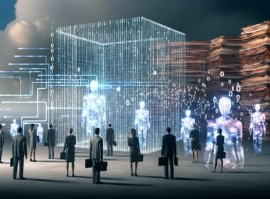 Futuristische Szene mit transparentem Gesetzestext aus digitalen Daten, durchzogen von leuchtenden Algorithmen und KI-Silhouetten, flankiert von Menschen in Anzügen; im Hintergrund verblassende Papierstapel und helle Datenwolken.