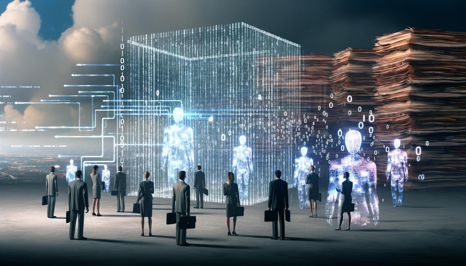 Futuristische Szene mit transparentem Gesetzestext aus digitalen Daten, durchzogen von leuchtenden Algorithmen und KI-Silhouetten, flankiert von Menschen in Anzügen; im Hintergrund verblassende Papierstapel und helle Datenwolken.