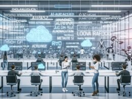 Technisch fortschrittliches Büro mit großen transparenten Bildschirm-Displays, die Video-Workflows und KI-Grafiken zeigen. Junge Professionals arbeiten im Team an digitalen Dashboards, während Roboterarme Hardware bedienen.