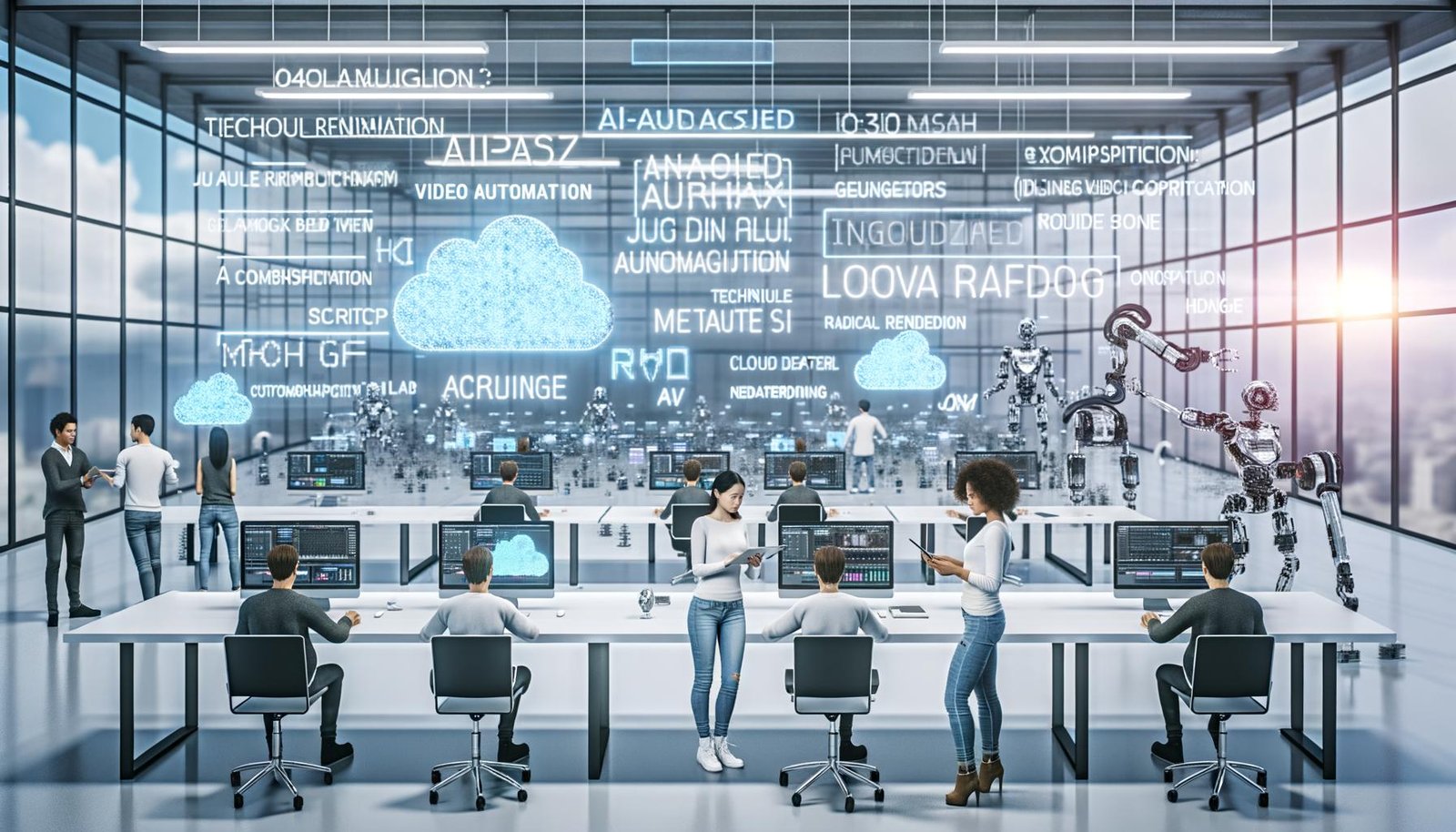 Technisch fortschrittliches Büro mit großen transparenten Bildschirm-Displays, die Video-Workflows und KI-Grafiken zeigen. Junge Professionals arbeiten im Team an digitalen Dashboards, während Roboterarme Hardware bedienen.