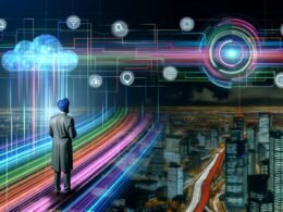 Stilisierte Großstadt im digitalen Zeitalter mit leuchtenden Datenströmen, einer Geschäftsperson und schwebendem Dashboard vor glühenden Zahlen und Diagrammen.