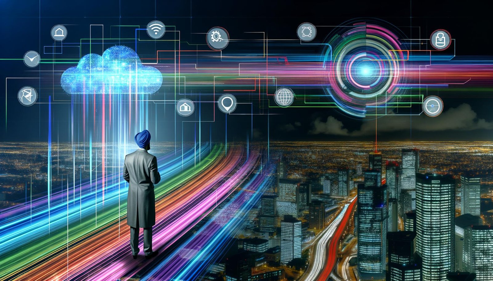 Stilisierte Großstadt im digitalen Zeitalter mit leuchtenden Datenströmen, einer Geschäftsperson und schwebendem Dashboard vor glühenden Zahlen und Diagrammen.