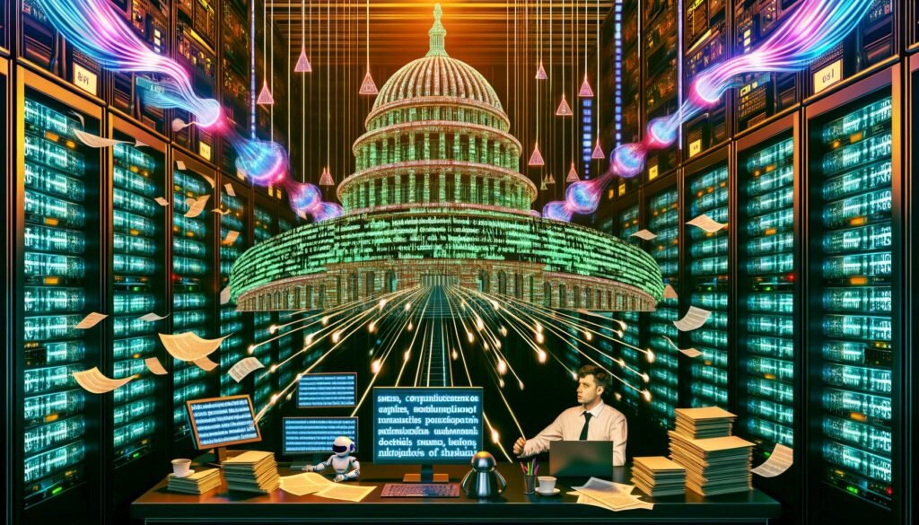 Serverraum mit Parlamentskuppel, Datenströmen, Gesetzestexten und zwei Figuren – ein Mensch und eine humanoide KI – an einem digitalen Arbeitstisch.