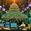 Serverraum mit Parlamentskuppel, Datenströmen, Gesetzestexten und zwei Figuren – ein Mensch und eine humanoide KI – an einem digitalen Arbeitstisch.