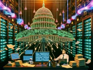 Serverraum mit Parlamentskuppel, Datenströmen, Gesetzestexten und zwei Figuren – ein Mensch und eine humanoide KI – an einem digitalen Arbeitstisch.