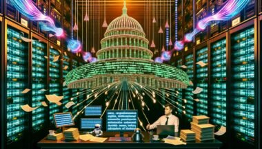 Serverraum mit Parlamentskuppel, Datenströmen, Gesetzestexten und zwei Figuren – ein Mensch und eine humanoide KI – an einem digitalen Arbeitstisch.
