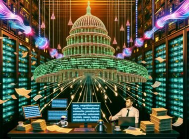 Serverraum mit Parlamentskuppel, Datenströmen, Gesetzestexten und zwei Figuren – ein Mensch und eine humanoide KI – an einem digitalen Arbeitstisch.