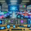 Futuristisches Büro mit mehreren Monitoren, die Video-Editing-Software, Automatisierungstools, Dashboards und soziale Netzwerke anzeigen, umgeben von Hologrammen und vernetzten digitalen Elementen.