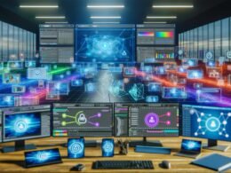 Futuristisches Büro mit mehreren Monitoren, die Video-Editing-Software, Automatisierungstools, Dashboards und soziale Netzwerke anzeigen, umgeben von Hologrammen und vernetzten digitalen Elementen.