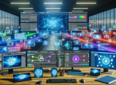 Futuristisches Büro mit mehreren Monitoren, die Video-Editing-Software, Automatisierungstools, Dashboards und soziale Netzwerke anzeigen, umgeben von Hologrammen und vernetzten digitalen Elementen.
