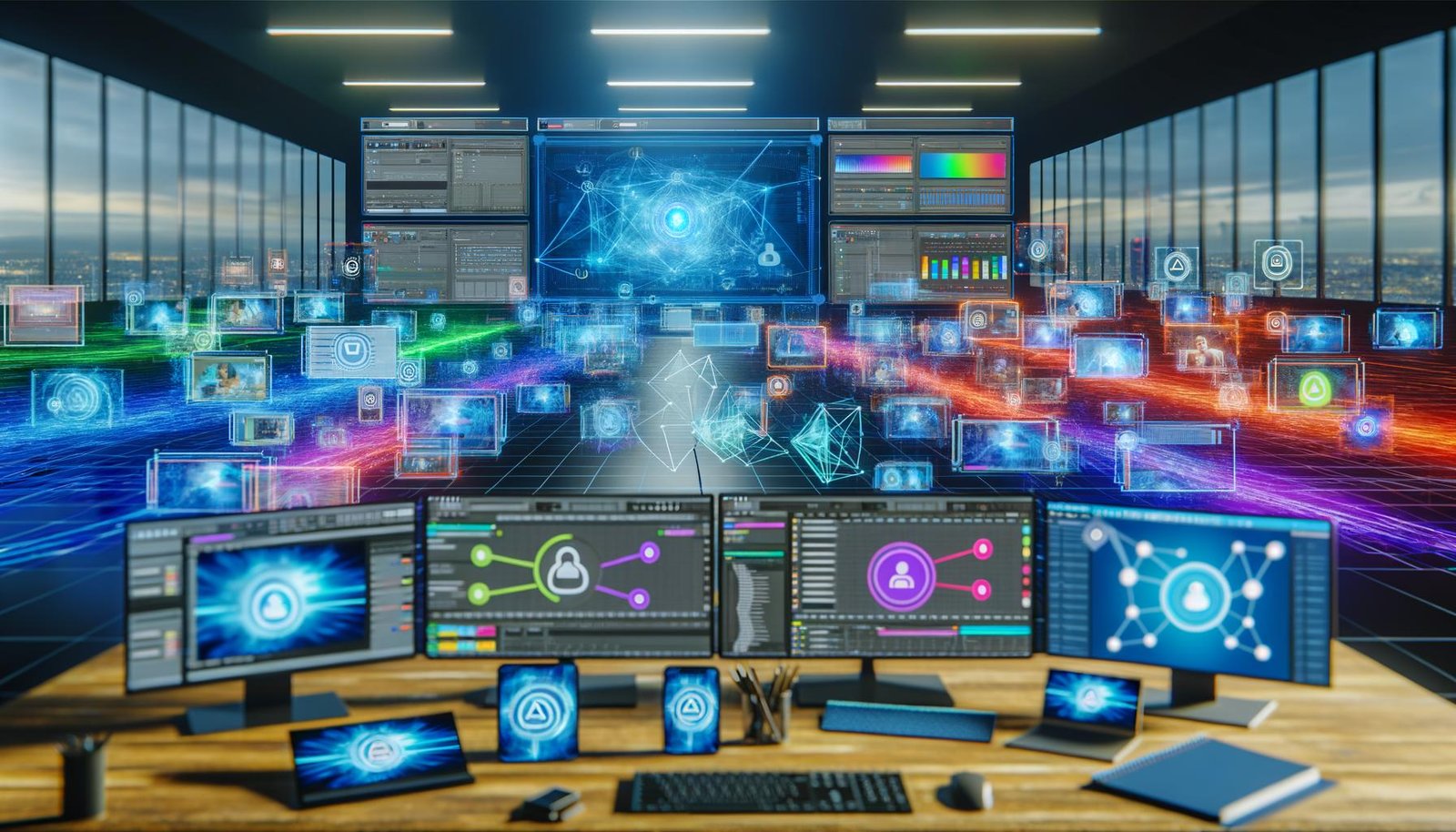 Futuristisches Büro mit mehreren Monitoren, die Video-Editing-Software, Automatisierungstools, Dashboards und soziale Netzwerke anzeigen, umgeben von Hologrammen und vernetzten digitalen Elementen.