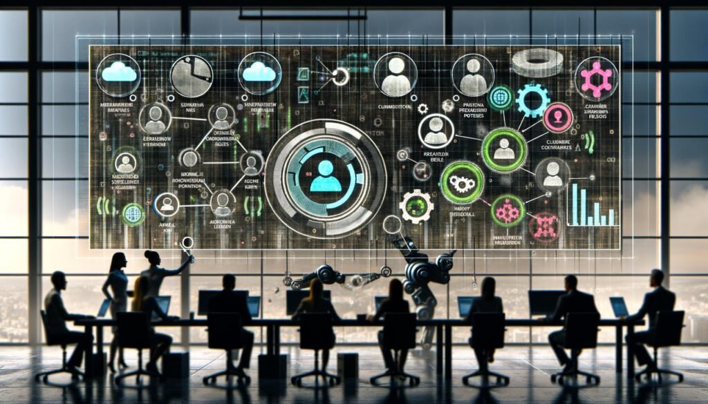 Visuell ansprechende Büroszene mit digitalem CRM-Dashboard, lebendigen Kundenprofilen, KI-Datenvisualisierung und automatisierten Datenströmen im Hintergrund.