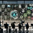 Visuell ansprechende Büroszene mit digitalem CRM-Dashboard, lebendigen Kundenprofilen, KI-Datenvisualisierung und automatisierten Datenströmen im Hintergrund.