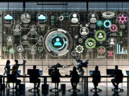 Visuell ansprechende Büroszene mit digitalem CRM-Dashboard, lebendigen Kundenprofilen, KI-Datenvisualisierung und automatisierten Datenströmen im Hintergrund.