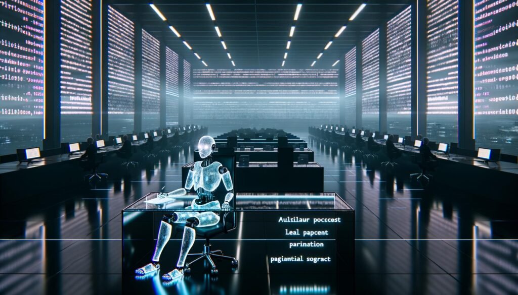 Futuristisches Großraumbüro mit KI-Figur an transparentem Schreibtisch, holografische Gesetzestexte und Schatten von Beamten im Hintergrund