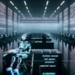 Futuristisches Großraumbüro mit KI-Figur an transparentem Schreibtisch, holografische Gesetzestexte und Schatten von Beamten im Hintergrund