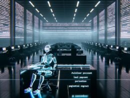 Futuristisches Großraumbüro mit KI-Figur an transparentem Schreibtisch, holografische Gesetzestexte und Schatten von Beamten im Hintergrund