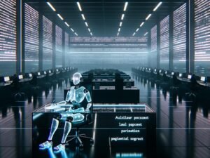 Futuristisches Großraumbüro mit KI-Figur an transparentem Schreibtisch, holografische Gesetzestexte und Schatten von Beamten im Hintergrund