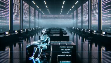 Futuristisches Großraumbüro mit KI-Figur an transparentem Schreibtisch, holografische Gesetzestexte und Schatten von Beamten im Hintergrund