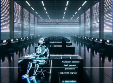 Futuristisches Großraumbüro mit KI-Figur an transparentem Schreibtisch, holografische Gesetzestexte und Schatten von Beamten im Hintergrund