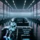 Futuristisches Großraumbüro mit KI-Figur an transparentem Schreibtisch, holografische Gesetzestexte und Schatten von Beamten im Hintergrund