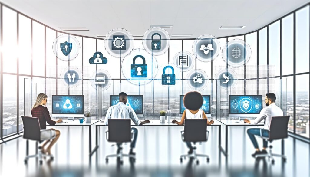 Team von Marketer:innen in hellem Büro arbeitet an transparenten Computern mit Symbolen für Verschlüsselung, Consent-Management und Datensicherheit. Im Hintergrund sind DSGVO und Compliance-Grafiken zu sehen.