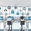 Team von Marketer:innen in hellem Büro arbeitet an transparenten Computern mit Symbolen für Verschlüsselung, Consent-Management und Datensicherheit. Im Hintergrund sind DSGVO und Compliance-Grafiken zu sehen.