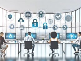 Team von Marketer:innen in hellem Büro arbeitet an transparenten Computern mit Symbolen für Verschlüsselung, Consent-Management und Datensicherheit. Im Hintergrund sind DSGVO und Compliance-Grafiken zu sehen.