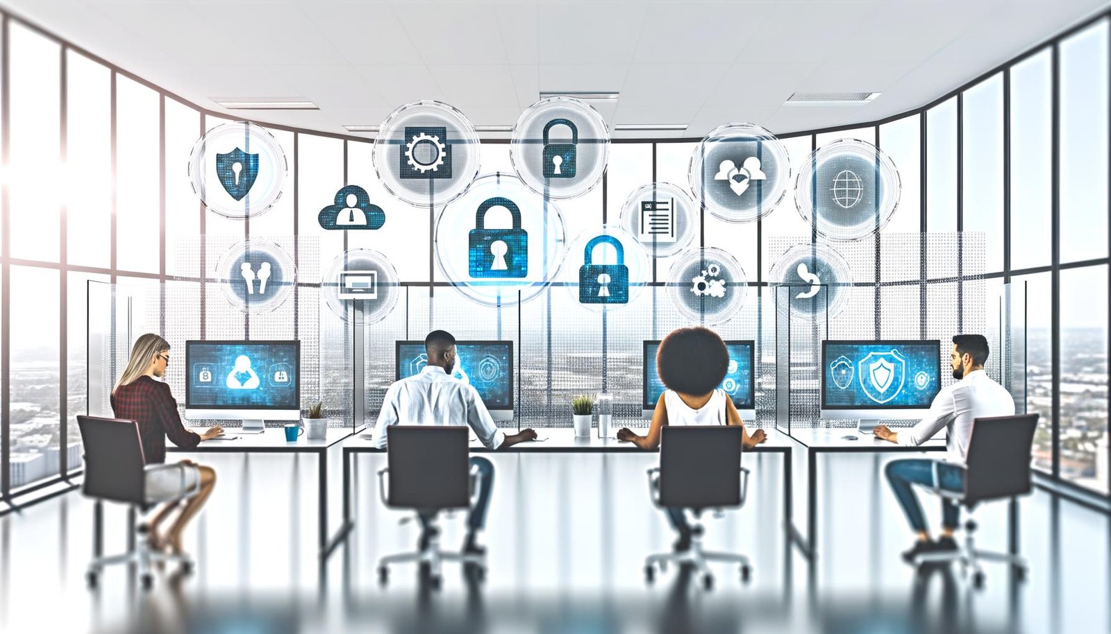 Team von Marketer:innen in hellem Büro arbeitet an transparenten Computern mit Symbolen für Verschlüsselung, Consent-Management und Datensicherheit. Im Hintergrund sind DSGVO und Compliance-Grafiken zu sehen.