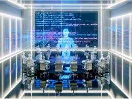 Futuristischer Konferenzraum mit Politikern und KI-Avataren, gläserner Tisch, digitale Visualisierungen von Gesetzen und Datenströmen im Hintergrund
