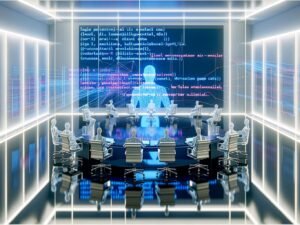 Futuristischer Konferenzraum mit Politikern und KI-Avataren, gläserner Tisch, digitale Visualisierungen von Gesetzen und Datenströmen im Hintergrund