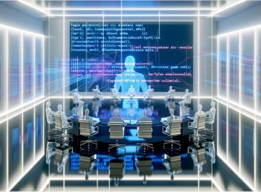 Futuristischer Konferenzraum mit Politikern und KI-Avataren, gläserner Tisch, digitale Visualisierungen von Gesetzen und Datenströmen im Hintergrund