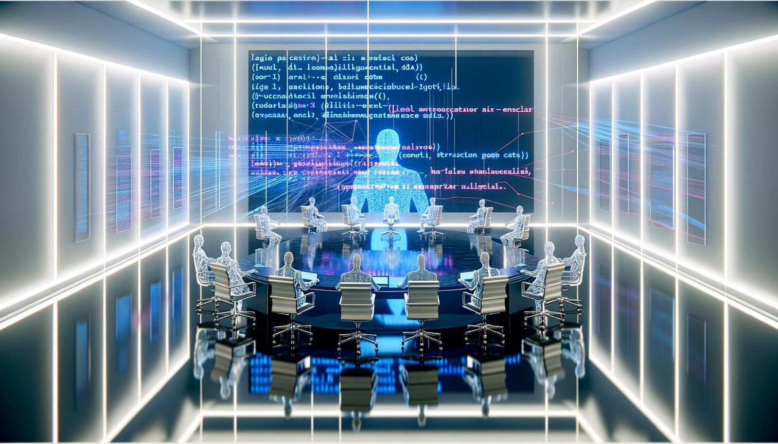 Futuristischer Konferenzraum mit Politikern und KI-Avataren, gläserner Tisch, digitale Visualisierungen von Gesetzen und Datenströmen im Hintergrund