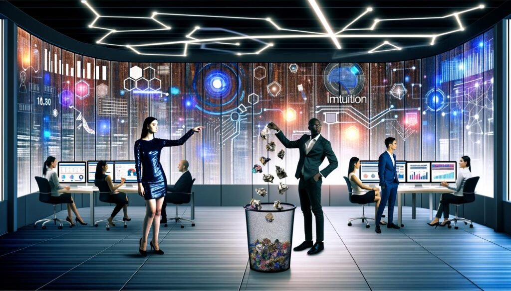 Digital-Marketing-Team analysiert Echtzeitdaten und Analytics-Dashboards in einem futuristischen Büro, während der Wechsel von Intuition zu datengestützten Entscheidungen symbolisiert wird.