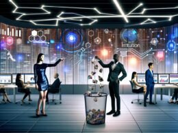 Digital-Marketing-Team analysiert Echtzeitdaten und Analytics-Dashboards in einem futuristischen Büro, während der Wechsel von Intuition zu datengestützten Entscheidungen symbolisiert wird.