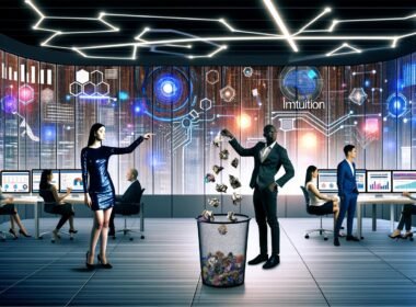 Digital-Marketing-Team analysiert Echtzeitdaten und Analytics-Dashboards in einem futuristischen Büro, während der Wechsel von Intuition zu datengestützten Entscheidungen symbolisiert wird.