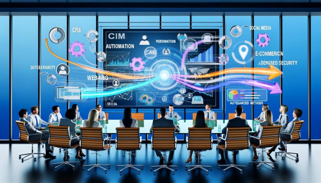 Marketing-Team am Glastisch-Meeting in modernem Büro, betrachtet Dashboard mit verbundenen Datenquellen und KI-gestützten Analyse-Screens, progressive Blautöne und leuchtende Akzente, veraltetes Excel-Tablet am Rand