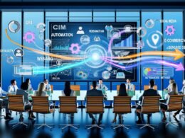 Marketing-Team am Glastisch-Meeting in modernem Büro, betrachtet Dashboard mit verbundenen Datenquellen und KI-gestützten Analyse-Screens, progressive Blautöne und leuchtende Akzente, veraltetes Excel-Tablet am Rand