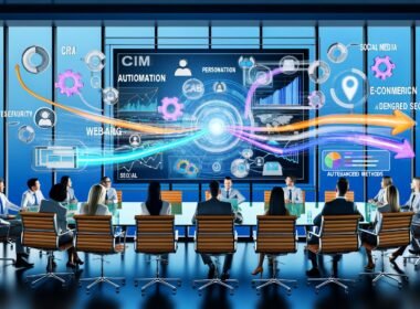 Marketing-Team am Glastisch-Meeting in modernem Büro, betrachtet Dashboard mit verbundenen Datenquellen und KI-gestützten Analyse-Screens, progressive Blautöne und leuchtende Akzente, veraltetes Excel-Tablet am Rand
