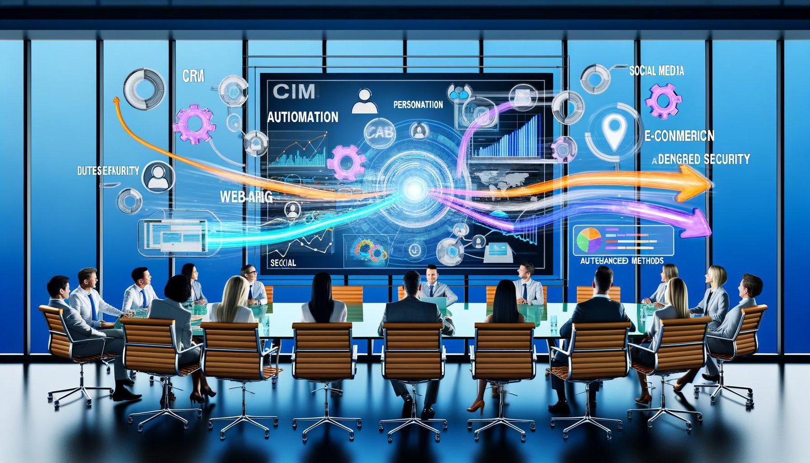 Marketing-Team am Glastisch-Meeting in modernem Büro, betrachtet Dashboard mit verbundenen Datenquellen und KI-gestützten Analyse-Screens, progressive Blautöne und leuchtende Akzente, veraltetes Excel-Tablet am Rand