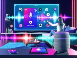 Person entspannt auf Sofa in einem futuristischen Wohnzimmer und steuert per Sprachbefehl über Google Home die Google Podcasts App auf einem großen Smart-TV. Umgeben von weiteren Tech-Devices wie Smartphone und Tablet.