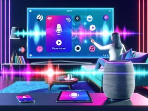 Person entspannt auf Sofa in einem futuristischen Wohnzimmer und steuert per Sprachbefehl über Google Home die Google Podcasts App auf einem großen Smart-TV. Umgeben von weiteren Tech-Devices wie Smartphone und Tablet.