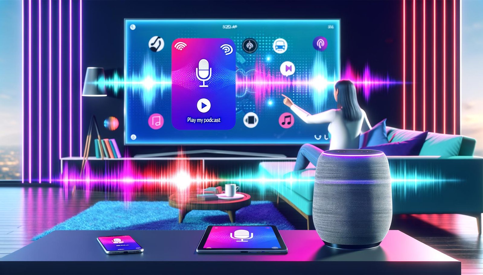 Person entspannt auf Sofa in einem futuristischen Wohnzimmer und steuert per Sprachbefehl über Google Home die Google Podcasts App auf einem großen Smart-TV. Umgeben von weiteren Tech-Devices wie Smartphone und Tablet.