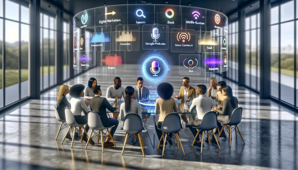 Digitale Marketer und Entwickler arbeiten an einem High-Tech-Konferenztisch mit holografischen Podcast-Listen, Einkaufswagen und Analyse-Dashboards. Im Vordergrund ein leuchtender Smart Speaker während eines Sprachbefehls.
