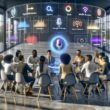Digitale Marketer und Entwickler arbeiten an einem High-Tech-Konferenztisch mit holografischen Podcast-Listen, Einkaufswagen und Analyse-Dashboards. Im Vordergrund ein leuchtender Smart Speaker während eines Sprachbefehls.