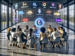 Digitale Marketer und Entwickler arbeiten an einem High-Tech-Konferenztisch mit holografischen Podcast-Listen, Einkaufswagen und Analyse-Dashboards. Im Vordergrund ein leuchtender Smart Speaker während eines Sprachbefehls.